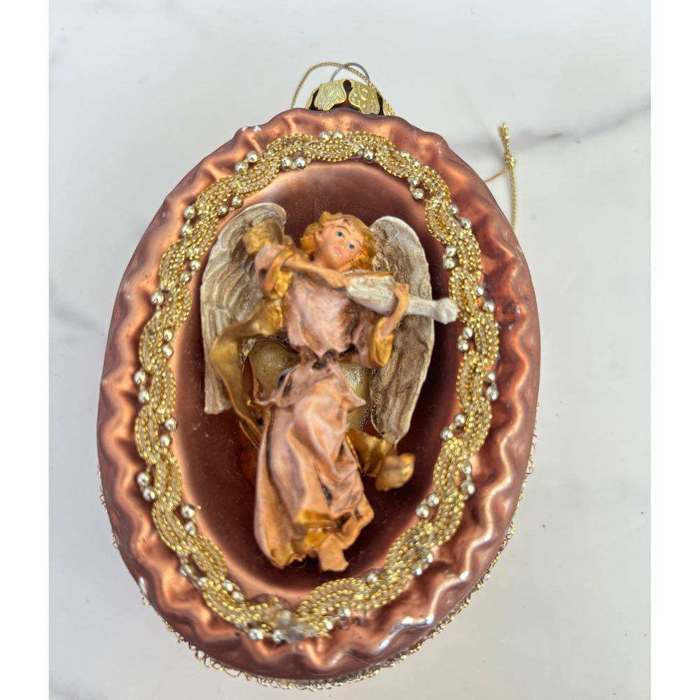 Vintage Diorama Glass Christmas Ornament Angel Violin Copper Gold Tinsel 4.5"